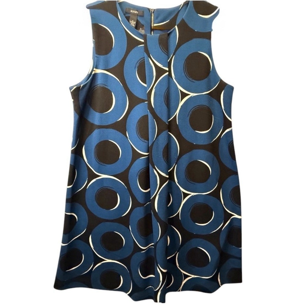 Alfani Women's Size 6 Teal Black Circle Print Sheath Dress Pleat Front Retro Zip - Picture 3 of 12
